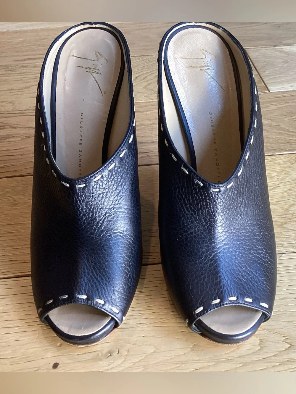 Giuseppe Zanotti black, leather espadrille wedge peep toe mules